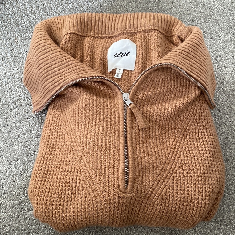 Aerie Brown CozyUp Waffle Knit Half Zip Oversized Sweater